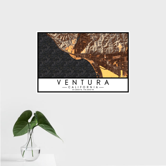 16x24 Ventura California Map Print Landscape Orientation in Ember Style With Tropical Plant Leaves in Water