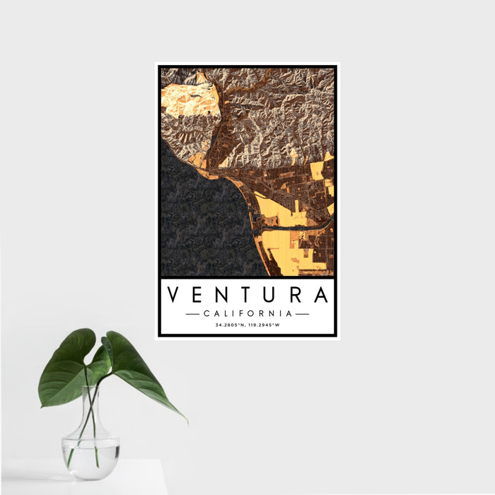 16x24 Ventura California Map Print Portrait Orientation in Ember Style With Tropical Plant Leaves in Water