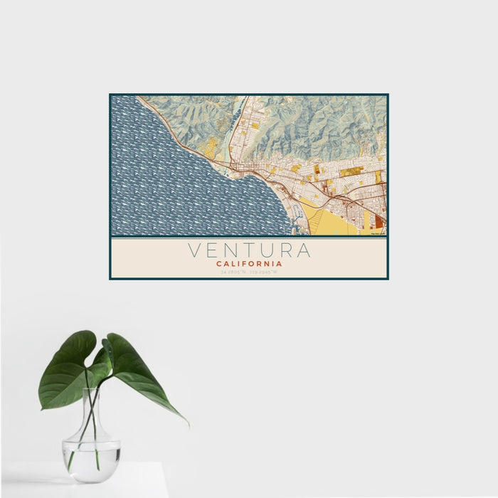 16x24 Ventura California Map Print Landscape Orientation in Woodblock Style With Tropical Plant Leaves in Water