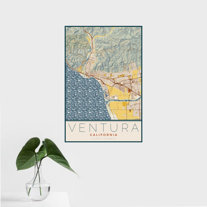 16x24 Ventura California Map Print Portrait Orientation in Woodblock Style With Tropical Plant Leaves in Water