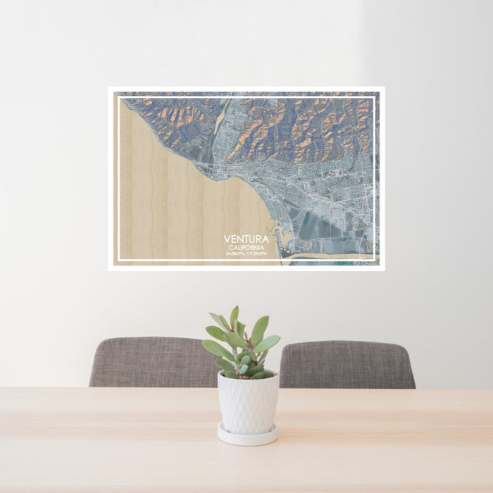 24x36 Ventura California Map Print Lanscape Orientation in Afternoon Style Behind 2 Chairs Table and Potted Plant