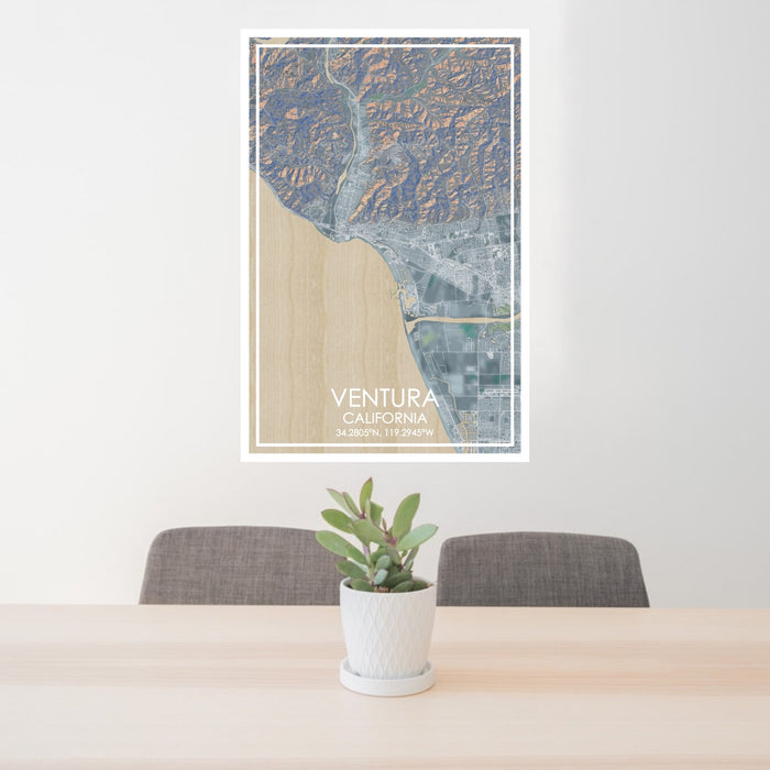 24x36 Ventura California Map Print Portrait Orientation in Afternoon Style Behind 2 Chairs Table and Potted Plant