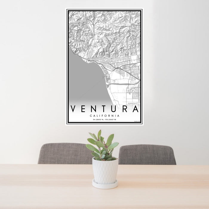 24x36 Ventura California Map Print Portrait Orientation in Classic Style Behind 2 Chairs Table and Potted Plant