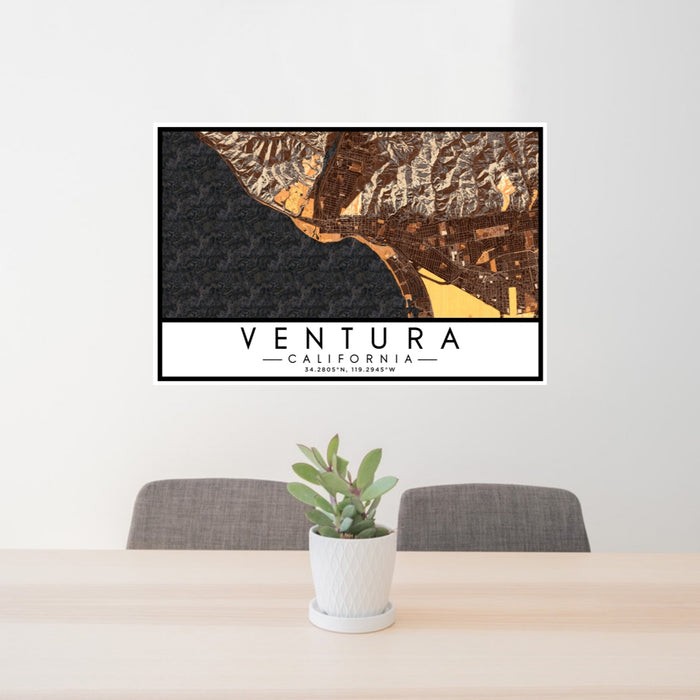 24x36 Ventura California Map Print Lanscape Orientation in Ember Style Behind 2 Chairs Table and Potted Plant