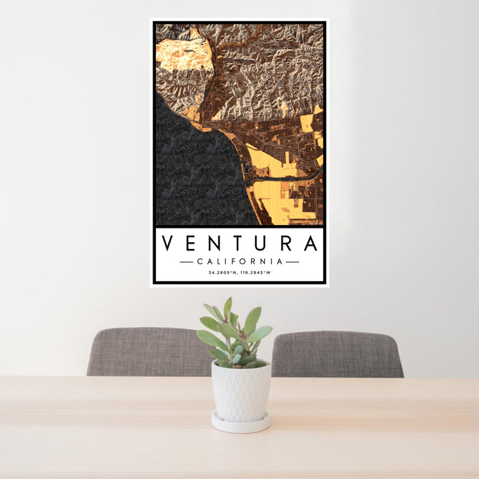 24x36 Ventura California Map Print Portrait Orientation in Ember Style Behind 2 Chairs Table and Potted Plant