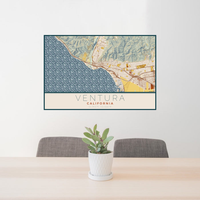 24x36 Ventura California Map Print Lanscape Orientation in Woodblock Style Behind 2 Chairs Table and Potted Plant