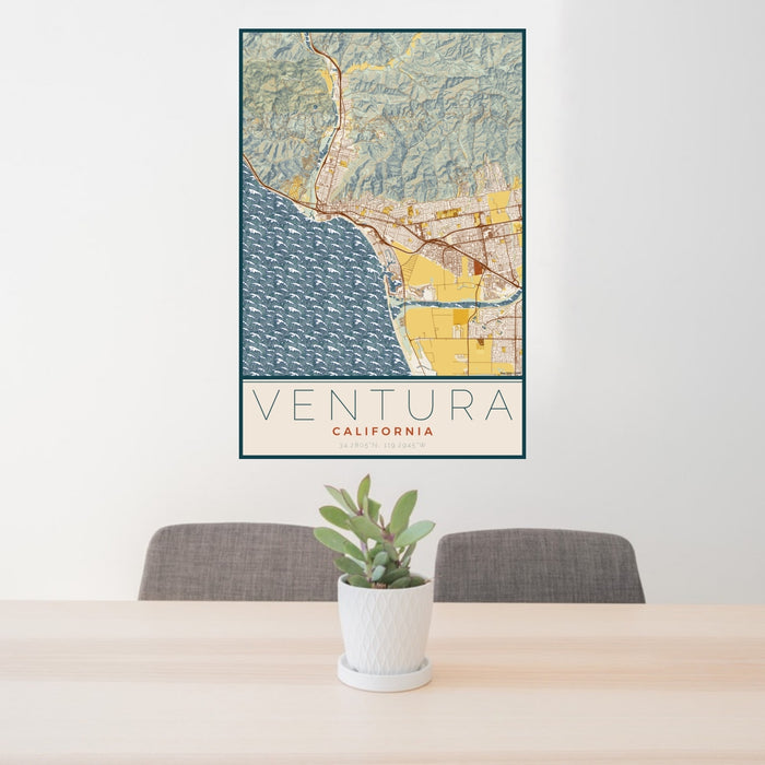 24x36 Ventura California Map Print Portrait Orientation in Woodblock Style Behind 2 Chairs Table and Potted Plant