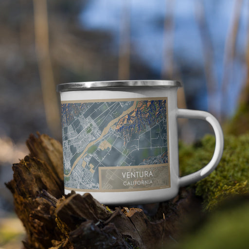 Right View Custom Ventura California Map Enamel Mug in Afternoon on Grass With Trees in Background