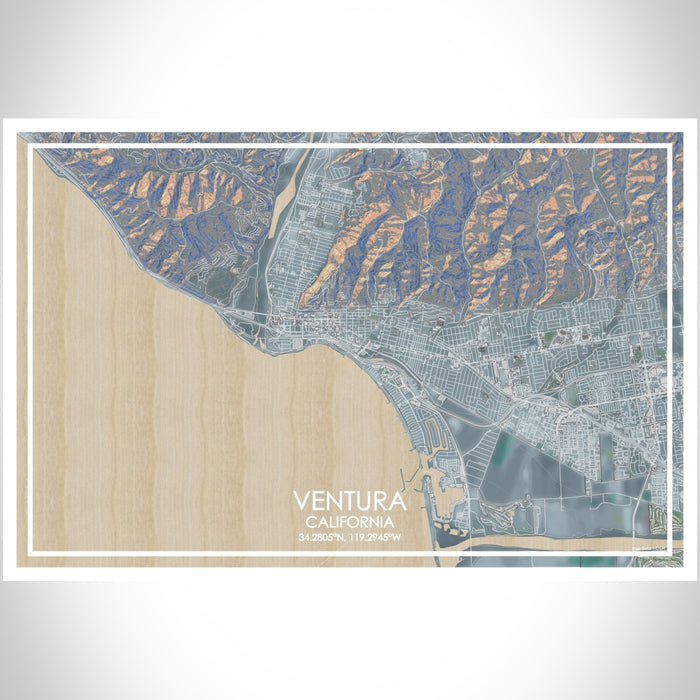 Ventura California Map Print Landscape Orientation in Afternoon Style With Shaded Background