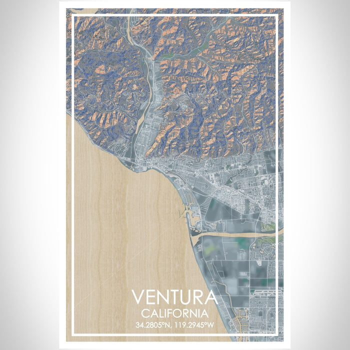 Ventura California Map Print Portrait Orientation in Afternoon Style With Shaded Background