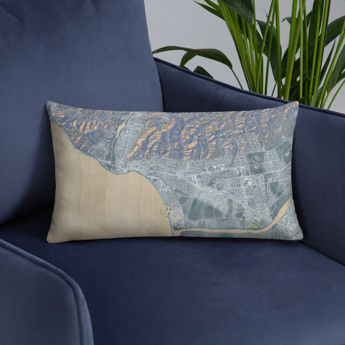 Custom Ventura California Map Throw Pillow in Afternoon on Blue Colored Chair