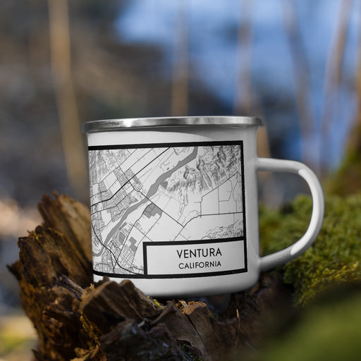 Right View Custom Ventura California Map Enamel Mug in Classic on Grass With Trees in Background
