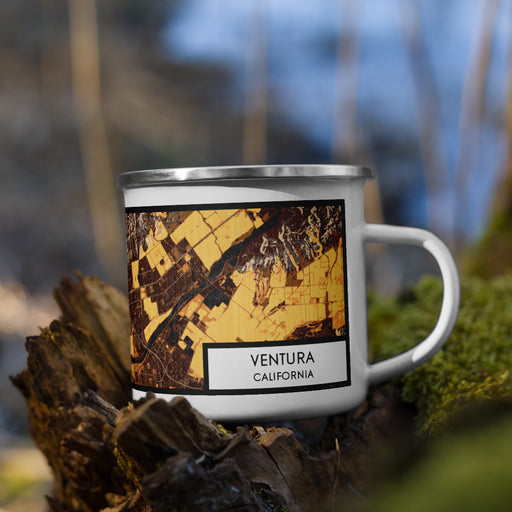 Right View Custom Ventura California Map Enamel Mug in Ember on Grass With Trees in Background