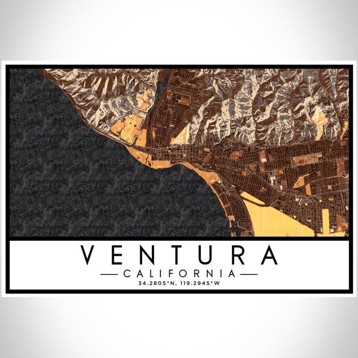 Ventura California Map Print Landscape Orientation in Ember Style With Shaded Background