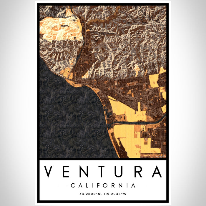 Ventura California Map Print Portrait Orientation in Ember Style With Shaded Background