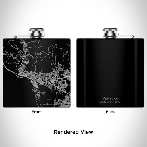Rendered View of Ventura California Map Engraving on 6oz Stainless Steel Flask in Black