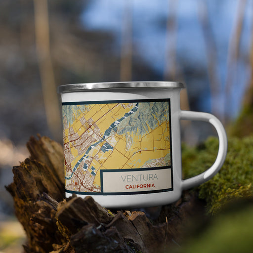 Right View Custom Ventura California Map Enamel Mug in Woodblock on Grass With Trees in Background