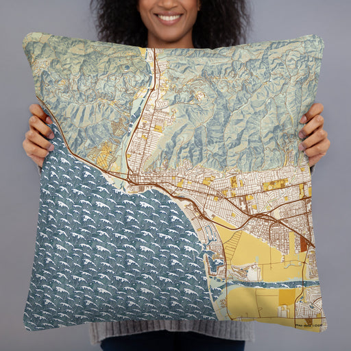 Person holding 22x22 Custom Ventura California Map Throw Pillow in Woodblock