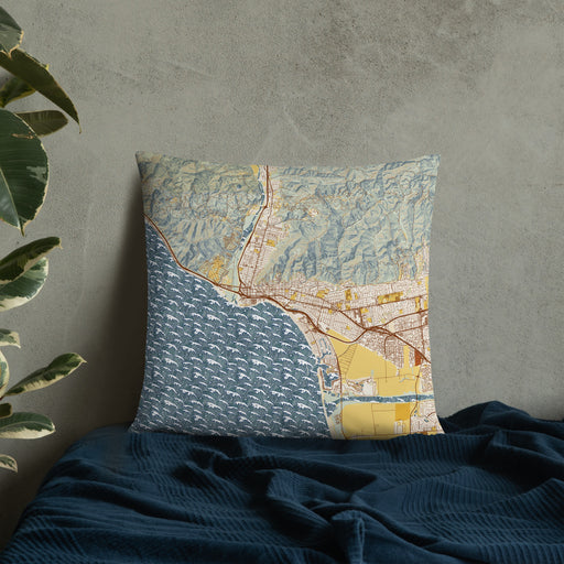 Custom Ventura California Map Throw Pillow in Woodblock on Bedding Against Wall