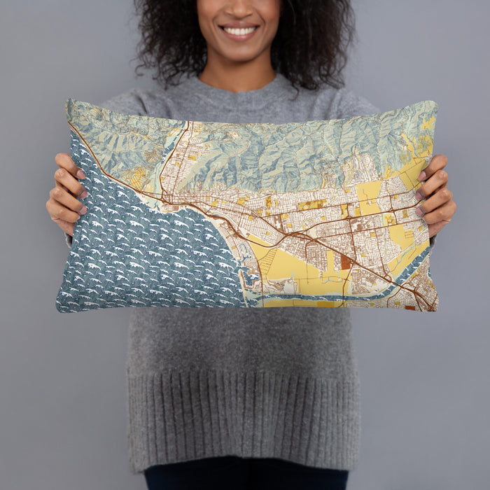 Person holding 20x12 Custom Ventura California Map Throw Pillow in Woodblock