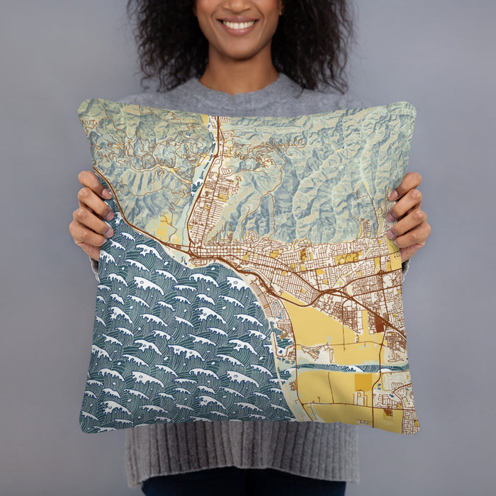 Person holding 18x18 Custom Ventura California Map Throw Pillow in Woodblock