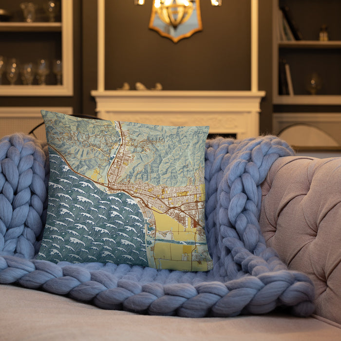 Custom Ventura California Map Throw Pillow in Woodblock on Cream Colored Couch