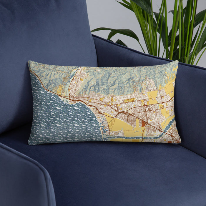 Custom Ventura California Map Throw Pillow in Woodblock on Blue Colored Chair