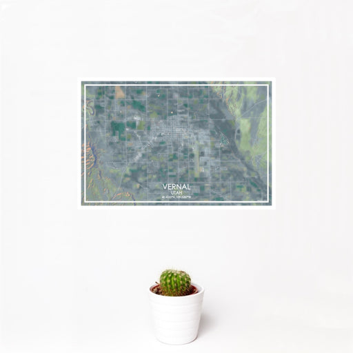 12x18 Vernal Utah Map Print Landscape Orientation in Afternoon Style With Small Cactus Plant in White Planter