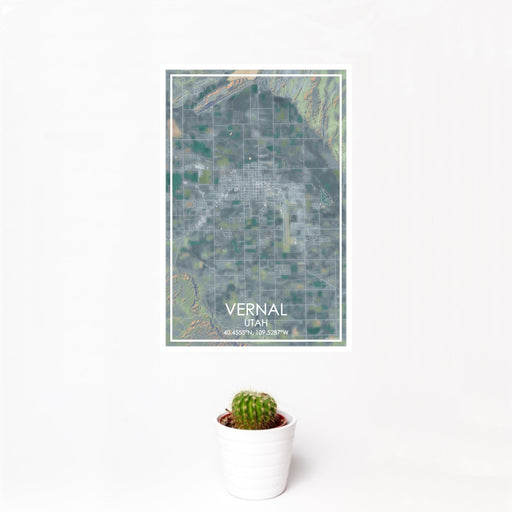12x18 Vernal Utah Map Print Portrait Orientation in Afternoon Style With Small Cactus Plant in White Planter