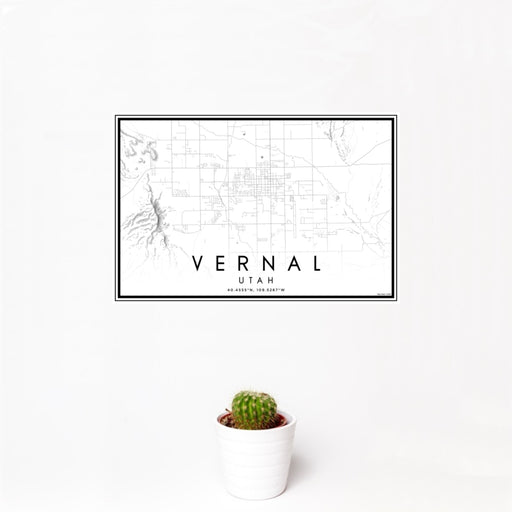 12x18 Vernal Utah Map Print Landscape Orientation in Classic Style With Small Cactus Plant in White Planter
