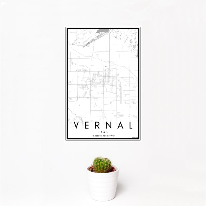 12x18 Vernal Utah Map Print Portrait Orientation in Classic Style With Small Cactus Plant in White Planter
