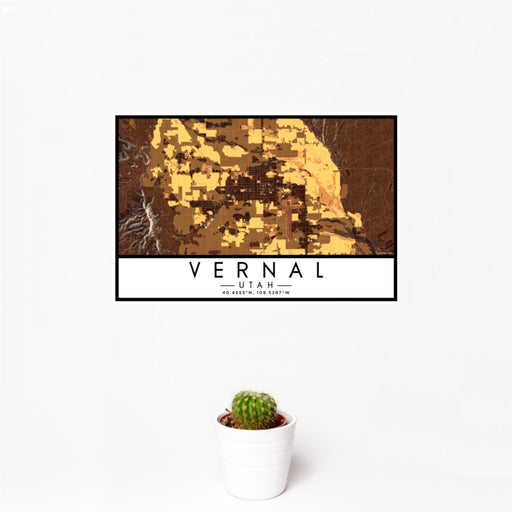 12x18 Vernal Utah Map Print Landscape Orientation in Ember Style With Small Cactus Plant in White Planter