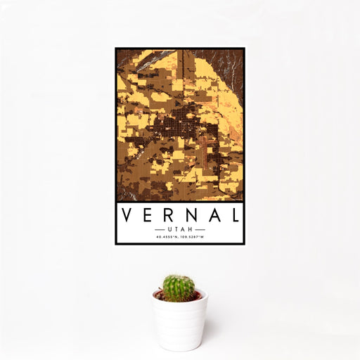 12x18 Vernal Utah Map Print Portrait Orientation in Ember Style With Small Cactus Plant in White Planter