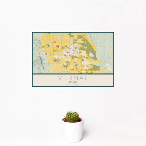 12x18 Vernal Utah Map Print Landscape Orientation in Woodblock Style With Small Cactus Plant in White Planter