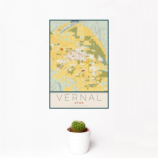 12x18 Vernal Utah Map Print Portrait Orientation in Woodblock Style With Small Cactus Plant in White Planter