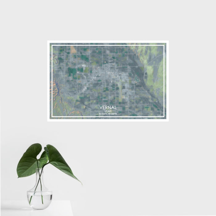 16x24 Vernal Utah Map Print Landscape Orientation in Afternoon Style With Tropical Plant Leaves in Water