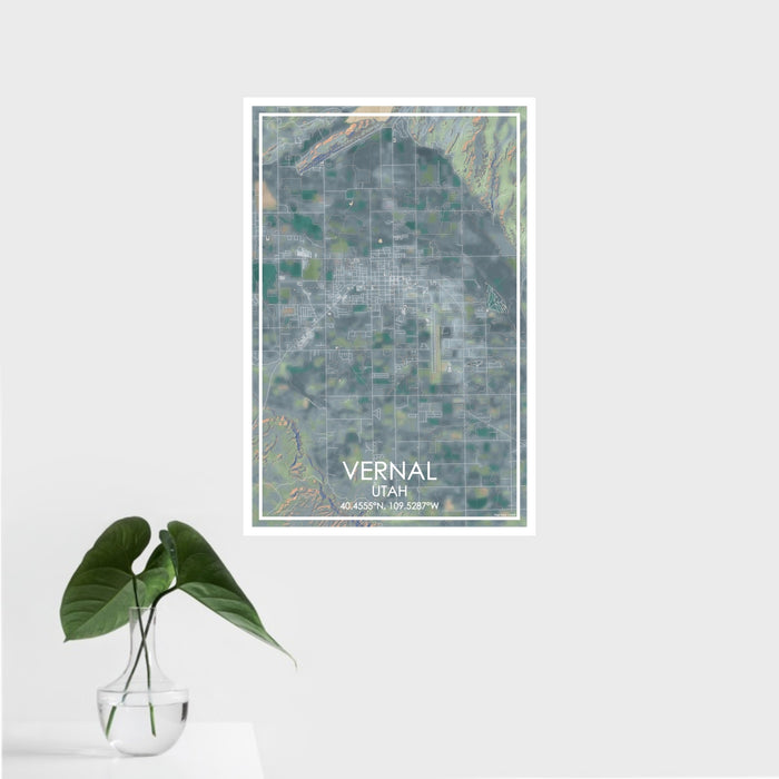 16x24 Vernal Utah Map Print Portrait Orientation in Afternoon Style With Tropical Plant Leaves in Water
