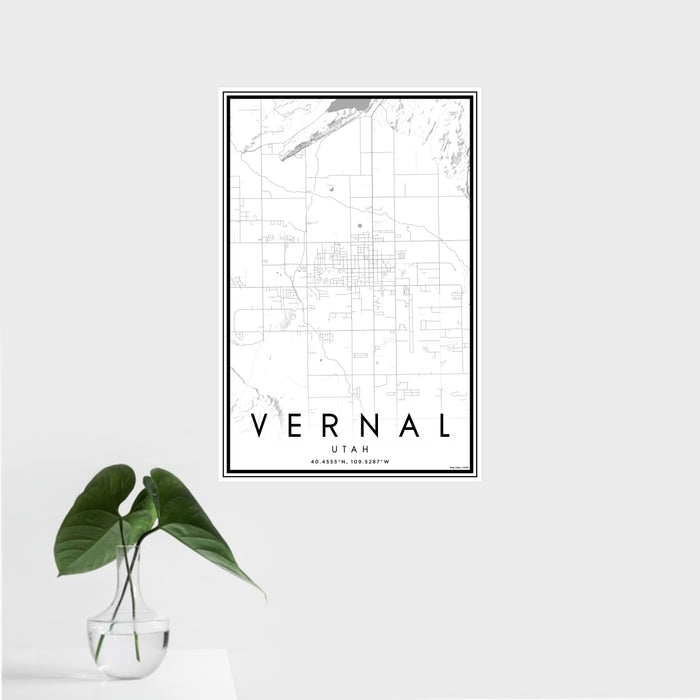16x24 Vernal Utah Map Print Portrait Orientation in Classic Style With Tropical Plant Leaves in Water