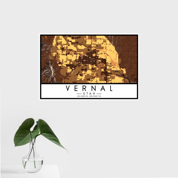16x24 Vernal Utah Map Print Landscape Orientation in Ember Style With Tropical Plant Leaves in Water