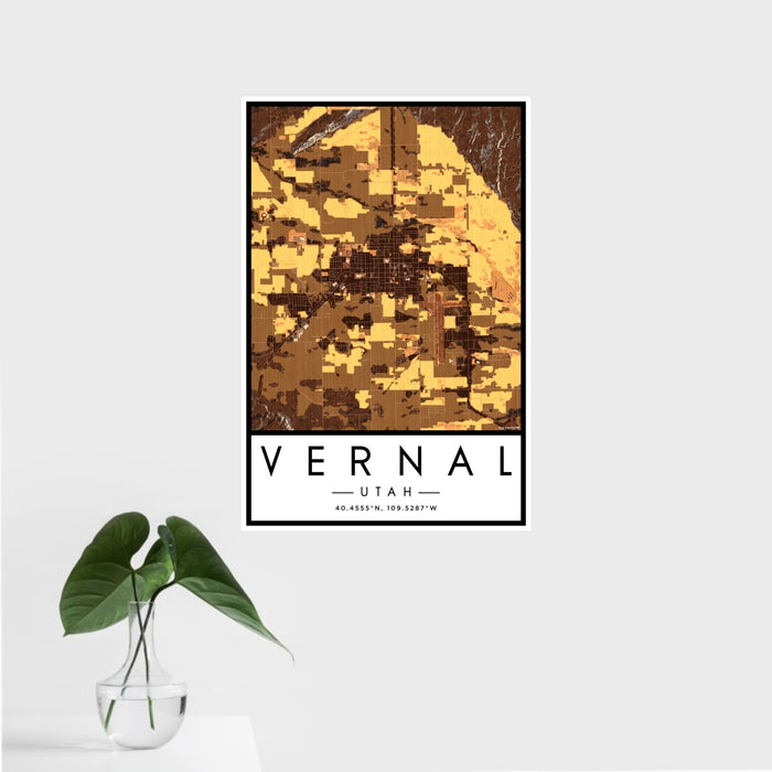 16x24 Vernal Utah Map Print Portrait Orientation in Ember Style With Tropical Plant Leaves in Water