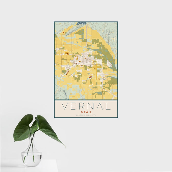 16x24 Vernal Utah Map Print Portrait Orientation in Woodblock Style With Tropical Plant Leaves in Water