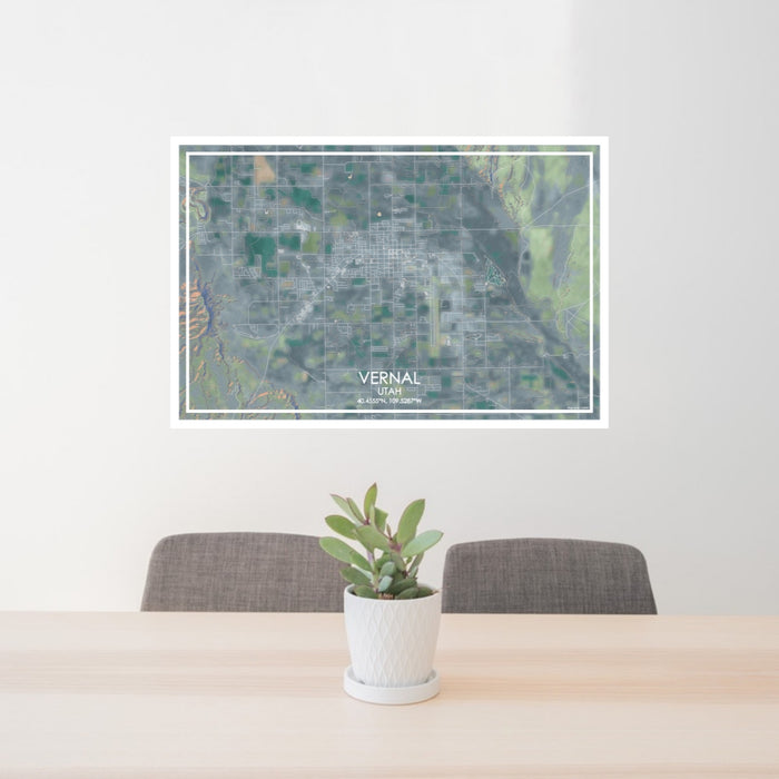 24x36 Vernal Utah Map Print Lanscape Orientation in Afternoon Style Behind 2 Chairs Table and Potted Plant