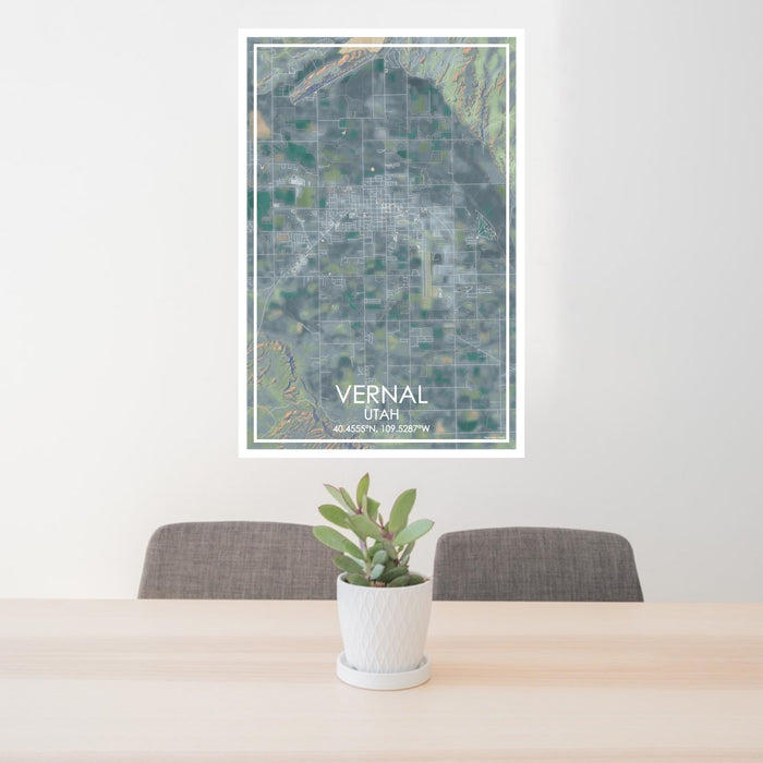 24x36 Vernal Utah Map Print Portrait Orientation in Afternoon Style Behind 2 Chairs Table and Potted Plant