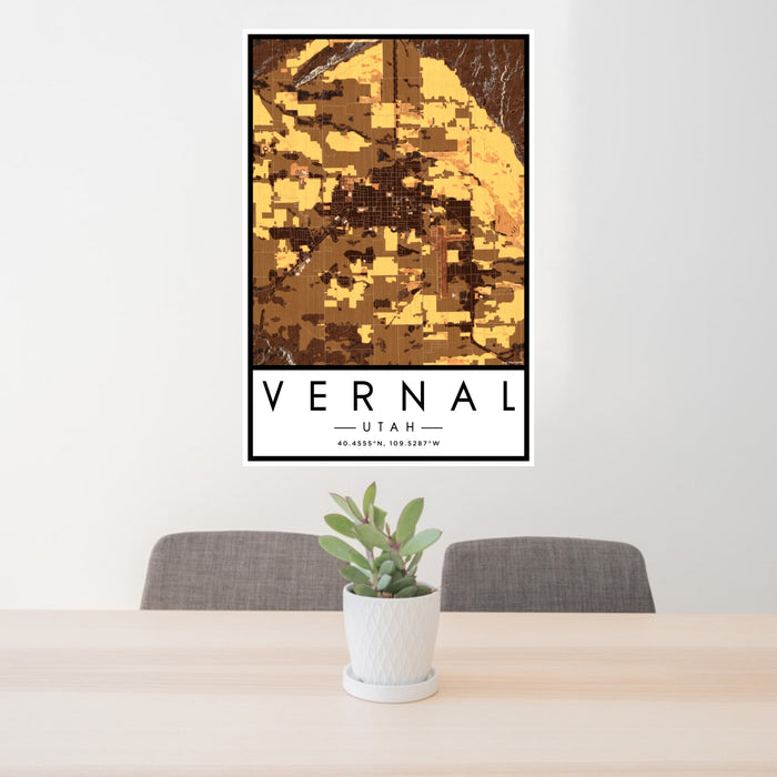 24x36 Vernal Utah Map Print Portrait Orientation in Ember Style Behind 2 Chairs Table and Potted Plant