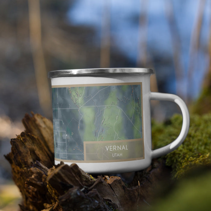Right View Custom Vernal Utah Map Enamel Mug in Afternoon on Grass With Trees in Background