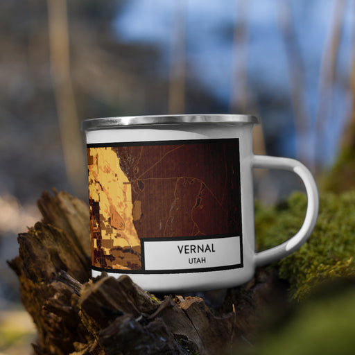 Right View Custom Vernal Utah Map Enamel Mug in Ember on Grass With Trees in Background