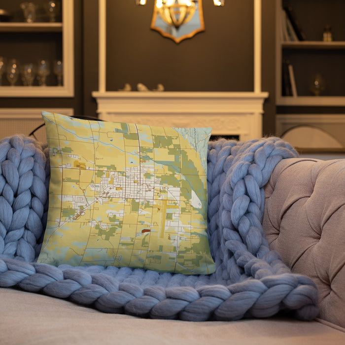 Custom Vernal Utah Map Throw Pillow in Woodblock on Cream Colored Couch