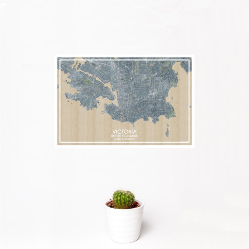 12x18 Victoria British Columbia Map Print Landscape Orientation in Afternoon Style With Small Cactus Plant in White Planter