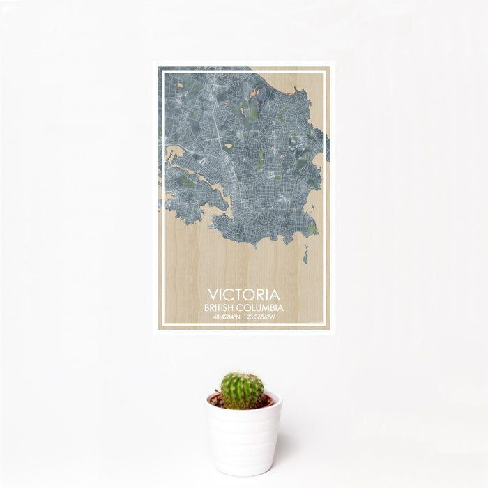 12x18 Victoria British Columbia Map Print Portrait Orientation in Afternoon Style With Small Cactus Plant in White Planter