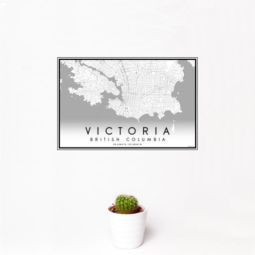 12x18 Victoria British Columbia Map Print Landscape Orientation in Classic Style With Small Cactus Plant in White Planter